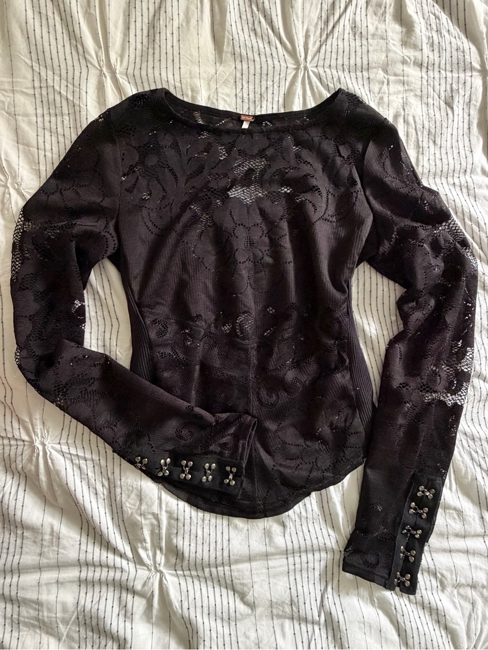 Free People Black Sheer Lace Long-Sleeve Top with Stud Accents